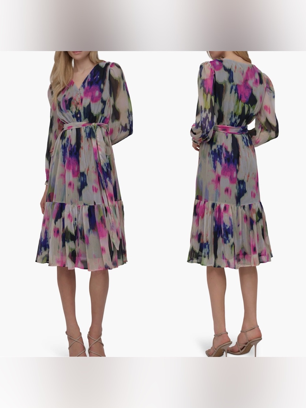 NWT DKNY Women’s V Neck Long Sleeve Watercolor Fit & Flare Dress-10
